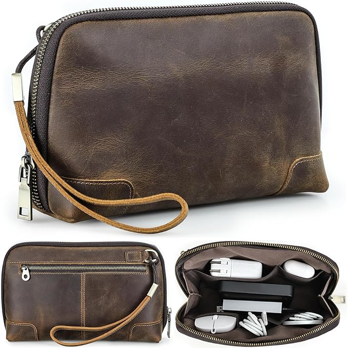 Electronic Organizer Zipper Bag Tech Pouch, Top Grain Leather Handmade, Portable Compact Travel Storage Cases Fits Apple Accessories, Phone, USB Cables, Power Banks, Chargers, Hard Drive