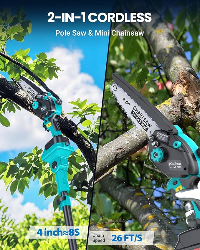 Electric Pole Saw for Tree Trimming, 2x4000mAh Brushless Mini Chainsaw Cordless with Extension Pole, 2-in-1 Handheld & Pole Prunner for Cutting Tree Limbs Branches
