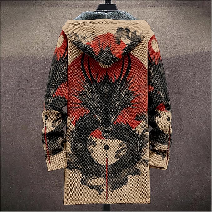 Mens Hooded Cardigan Japanese Art Zip Up Long Sleeve Sweater Hoodie Dragon Print Coat with Pockets