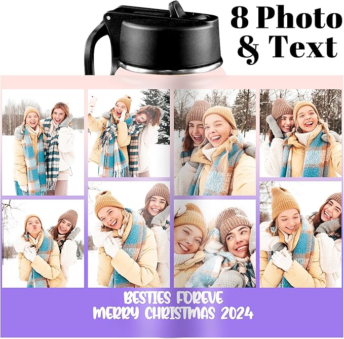 Personalized Photo Water Bottle with Straw Lid, 18 oz/32 oz Custom Stainless Steel Sports Water Bottle with Picture Name or Text-Double Wall Vacuum Insulated Gift Cup for Kids Women Men