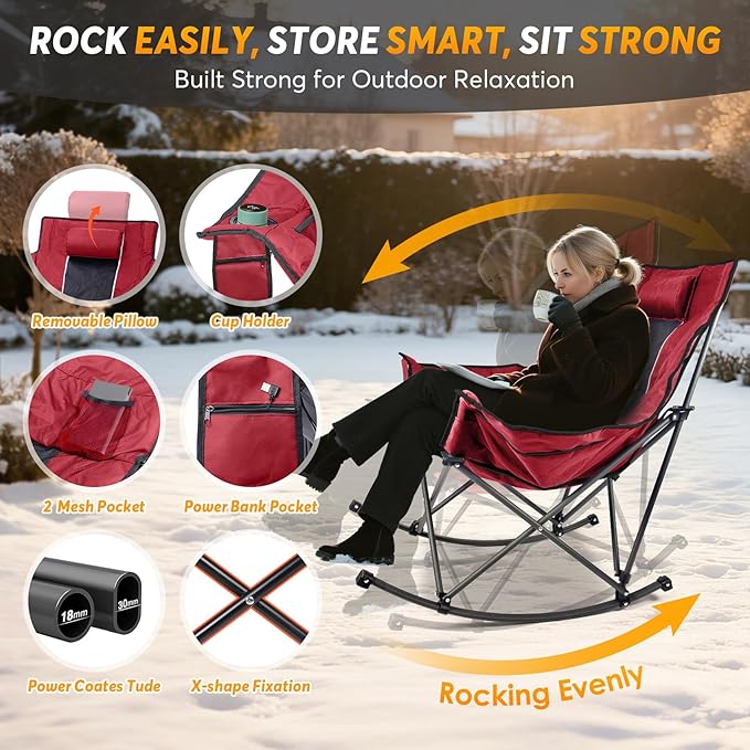 Suteck Heated Rocking Camping Chair - Fully Thicker Padded Heated Chairs for Outdoor Sports W/3 Heat Levels for Back & Seat, Heated Folding Chair for Adults with Carry Bag- Battery NOT Included