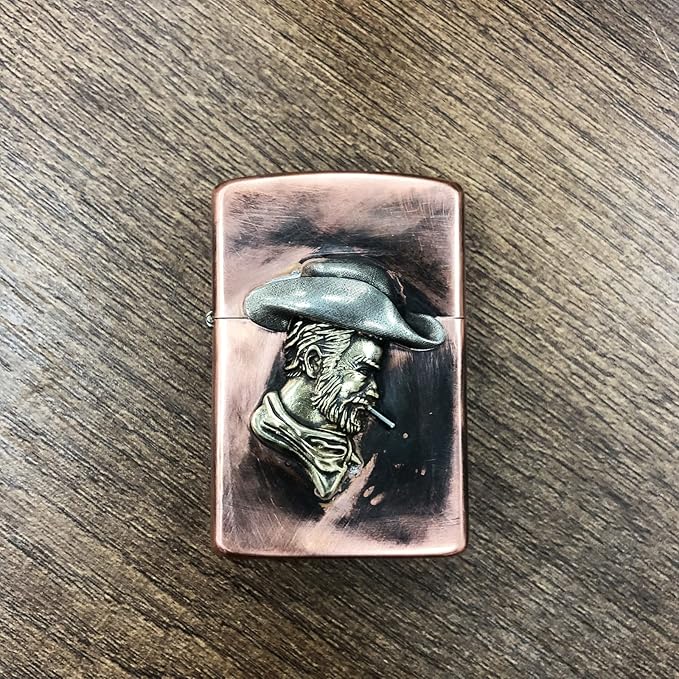Brass Lighter Case with Unique Cowboy Design - Handmade Copper EDC Vintage Retro Protective Holder for Men - Father, Boyfriend, Husband