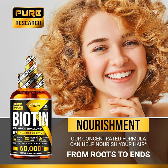 PURE RESEARCH Biotin & Collagen 60,000mcg Hair Growth Liquid Drops, Supports: Strong Nails, Glowing Skin, Healthy Hair Growth, More Absorption Than Capsules & Pills (4Fl Oz)