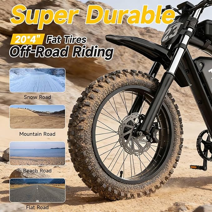 Electric Dirt Bike for Adults - Peak 1500W/3000W Electric Bikes, 28-40MPH, 48V/52V 15.6Ah/25Ah/40Ah, 70-120 Mile(PAS Mode), 16/20 Inch All-Terrain Fat Tire Electric Motorcycle