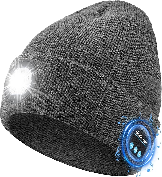 Bluetooth Beanie with Light, HD Stereo Sound, USB Rechargeable Headlamp for Hiking Fishing, Gift for Men Women Teen