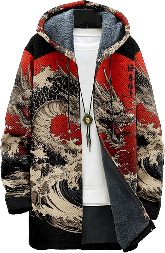 Mens Hooded Cardigan Japanese Art Zip Up Long Sleeve Sweater Hoodie Dragon Print Coat with Pockets
