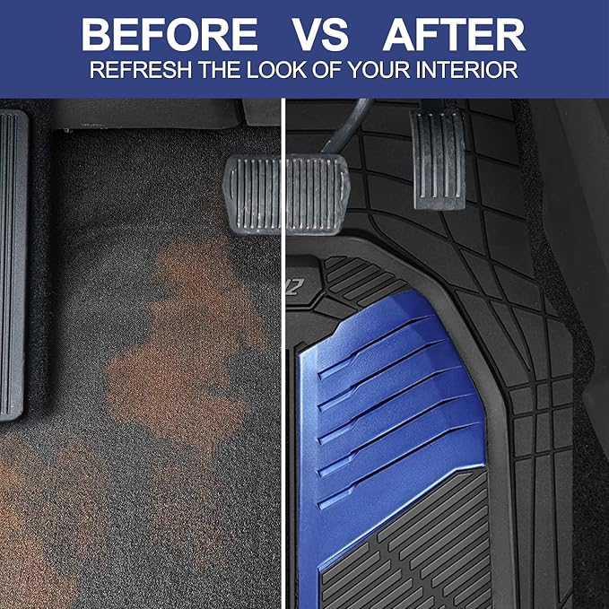 CAR PASS Heavy Duty Rubber Car Mats, Deep-Dish Car Floor Mats All Weather, Universal Two-Tone Trim-to-Fit for SUVs Trucks Sedans, Waterproof Anti-Slip, 3 Pieces V12 Black and Metallic Blue