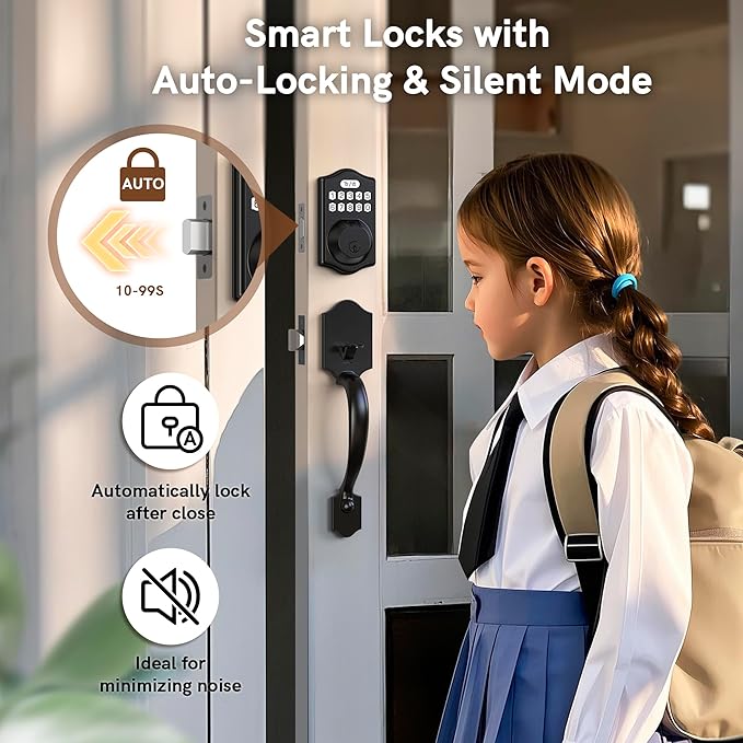 Fingerprint Door Lock Set, Keyless Entry Door Lock, Front Handle Set, Electronic Keypad Deadbolt with 2 Keys, Auto-Locking, One-time Codes, Easy to Install (Black, Fingerprint)
