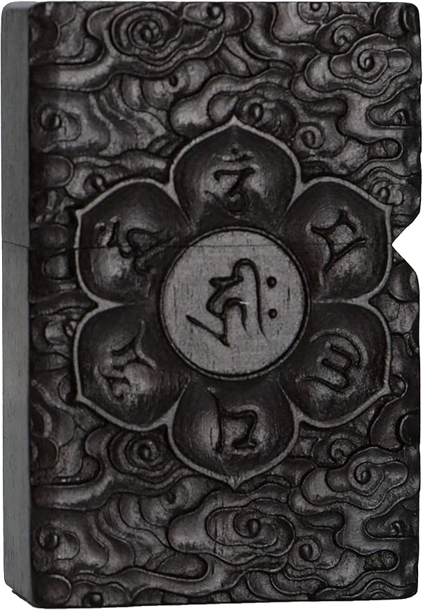 Natural Ebony Black Wood Carved Lighter Shell Box For Zippo Module (Protector Deity/Samantabhadra Boddhisattva)