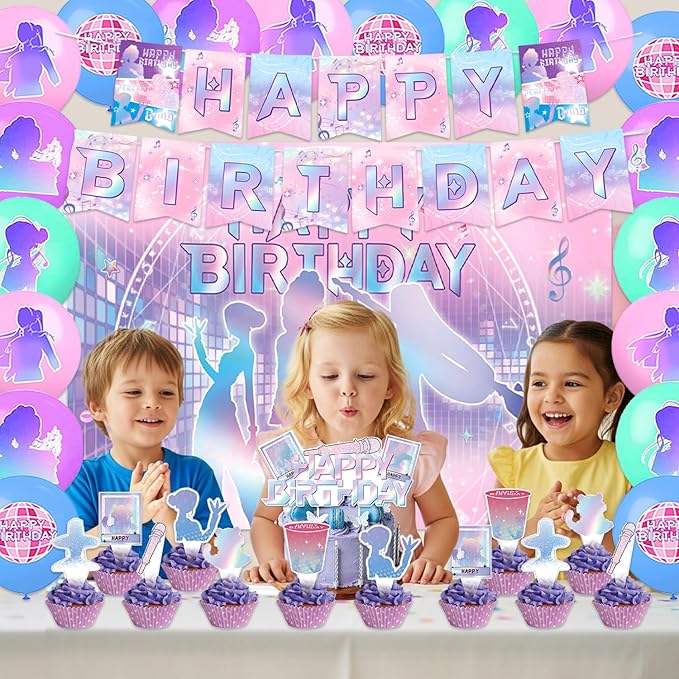 42Pcs Demon Movie Hunters Birthday Party Decorations Include Cake Topper Cupcake Toppers Music Singer Happy Birthday Party Pink and Purple Flag Banner and Balloons Backdrog