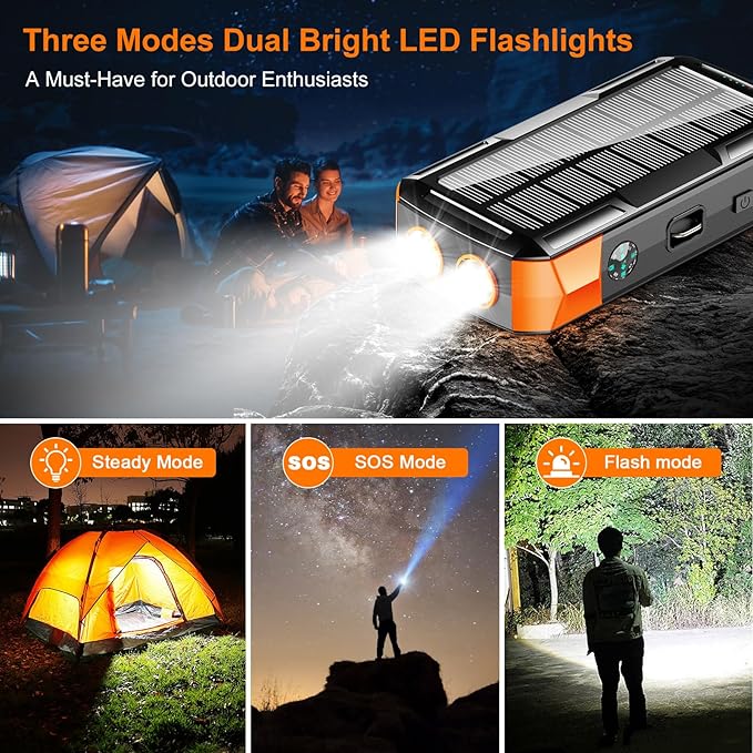 Solar Charger Power Bank 73200mAh, Portable Laptop Charger with 100W USB-C in/Output, Built-in Cables, Hand Crank Power Bank for Mobile Phones, Ideal for Outdoor Use with SOS/Strobe/Strong (orange)