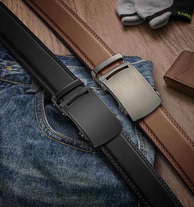 BULLIANT Men's Ratchet Belt 2 Pack-Click Leather Belt Adjustable for Men Gift 1 3/8-Cut for Perfect Fit