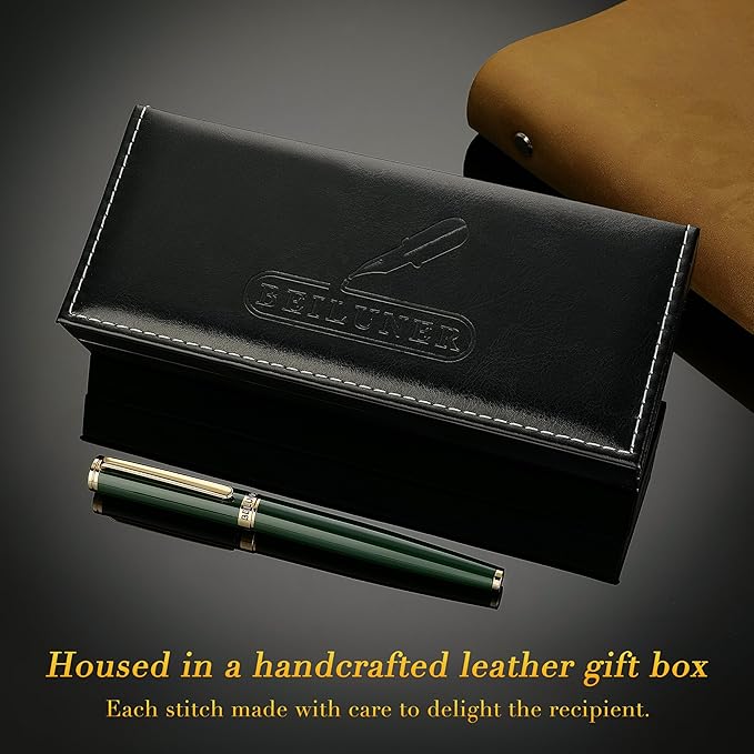 BEILUNER Racing Green Fountain Pen,Stunning Luxury Pens with 24K Gold Finish, Gorgeous 24K Gilded Nib(Fine), Trustworthy Gift for Men&Women -Ink Converter-Elegant, Graduation,Fancy Pen for Writing