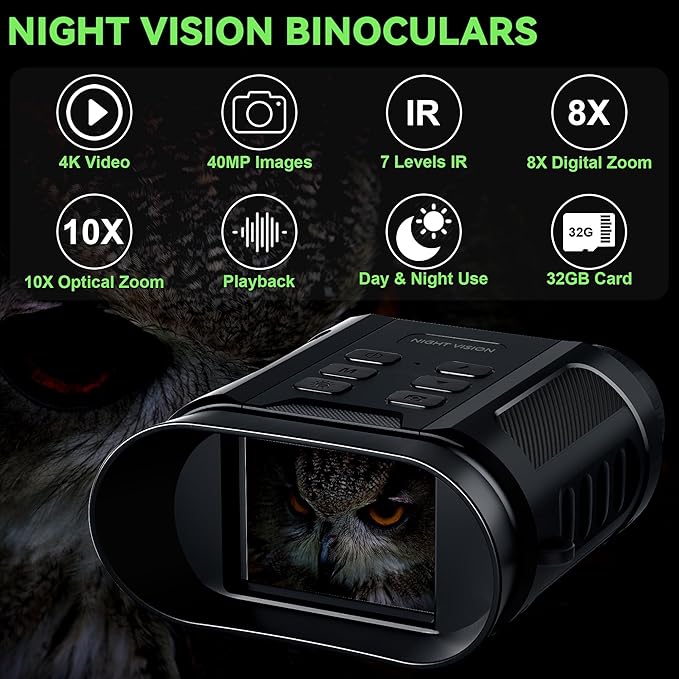 WONGKUO Night Vision Goggles - 5W Upgraded 4K HD IR Binoculars - 8X Digital Zoom, Rechargeable Binoculars with Camera Built in, 32GB Card to Save Photos and Videos, Flashlight for Camping Security