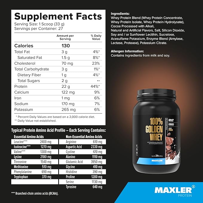 Maxler 100% Golden Whey Protein - 22g of Protein per Serving - Whey Protein Powder for Pre Post Workout - Fast-Absorbing Whey Concentrate, Isolate & Hydrolysate Blend - Milk Chocolate Protein 2 lb