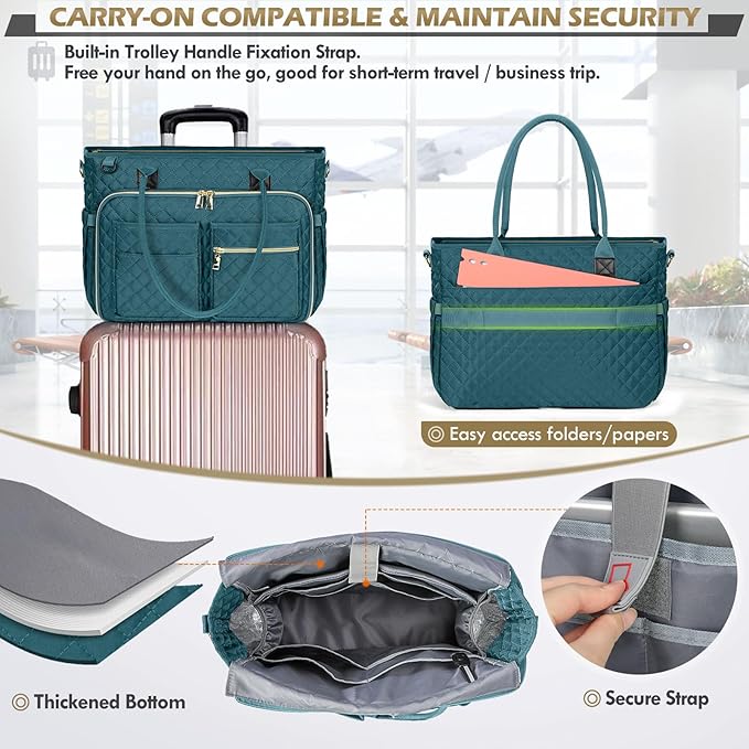 RAINSMORE Teacher Tote Bag 17.3 inch Laptop Bag for Women Work Bags Laptop Tote Nurse Bag Professional Computer Messenger with Insulated Pocket Briefcase, Teal