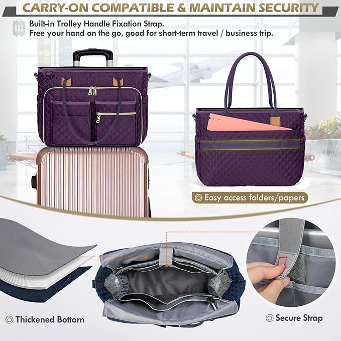 RAINSMORE Teacher Tote Bag 17.3 inch Laptop Bag for Women Work Bags Laptop Tote Nurse Bag Professional Computer Messenger with Insulated Pocket, Laptop Briefcase for Office, College, Dark Purple