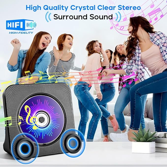 Desktop CD Player with Speakers, ROADOM CD Players for Home, Portable CD Player with Bluetooth Hi-Fi Stereo Sound,Remote Control,Supports CD/Bluetooth/FM Radio/U Disk/AUX/Timer/Repeat,Black