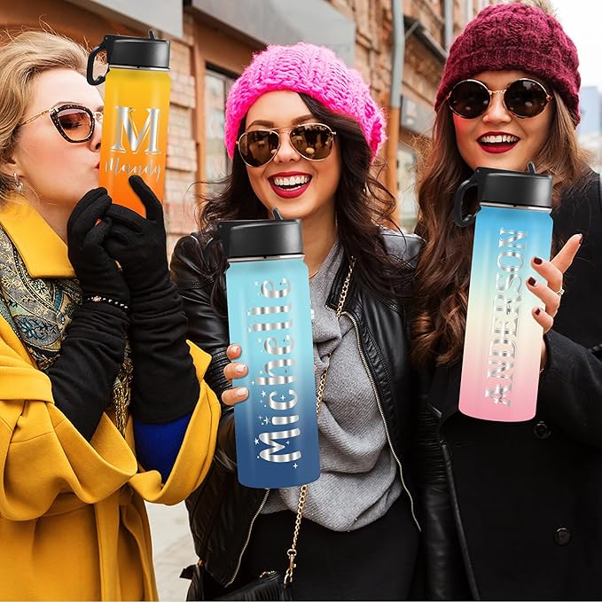 Personalized Water Bottle with Straw,Custom Insulated Stainless Steel Sports Water Bottle with Name or Text-Double Wall Vacuum Insulated Gift Cup for Kids Women Men-20 Fonts