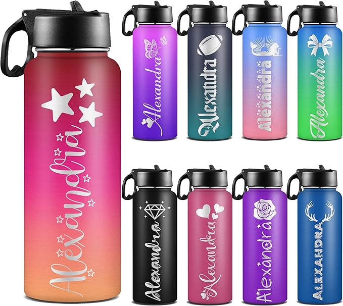 Personalized Water Bottles with Straw Lid Custom Water Bottle Personalized Names Stainless Steel Double Wall Insulated Cup Customized Gifts for Kids Women Men School Sports Style 04