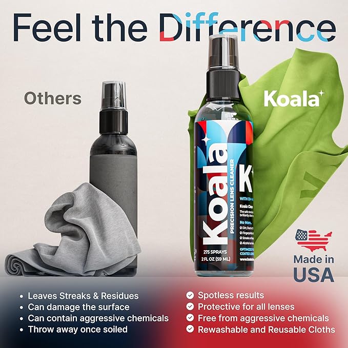 Koala Eyeglass Lens Cleaner Spray Kit | (2x) Glasses Cleaner Bottle + (2x) Microfiber Cloth | Alcohol Free Eyeglasses, Screen, and Camera Cleaning Kit | Made in USA (4 Piece Set)