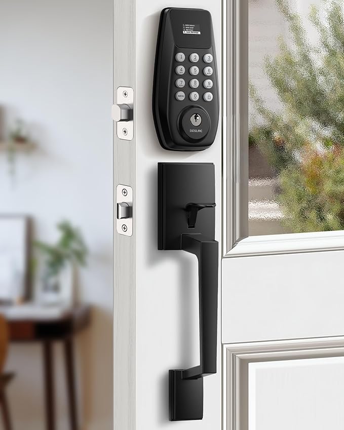 DESLOC C100 Keyless Entry Door Lock with Handle Set, Smart Deadbolt Lock for Front Door with 2 Keys, Auto Lock, 100 PIN Codes, Passage Mode, IP54 Waterproof, 12 Months Battery, Black