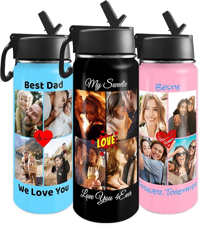 Personalized 4 Photos Water Bottles with Icon, 18oz/32oz Custom Text Stainless Steel Insulated Sport Water Bottle with Straw Lid & Handle, Customized Cup Gifts for Birthday Anniversary Christmas