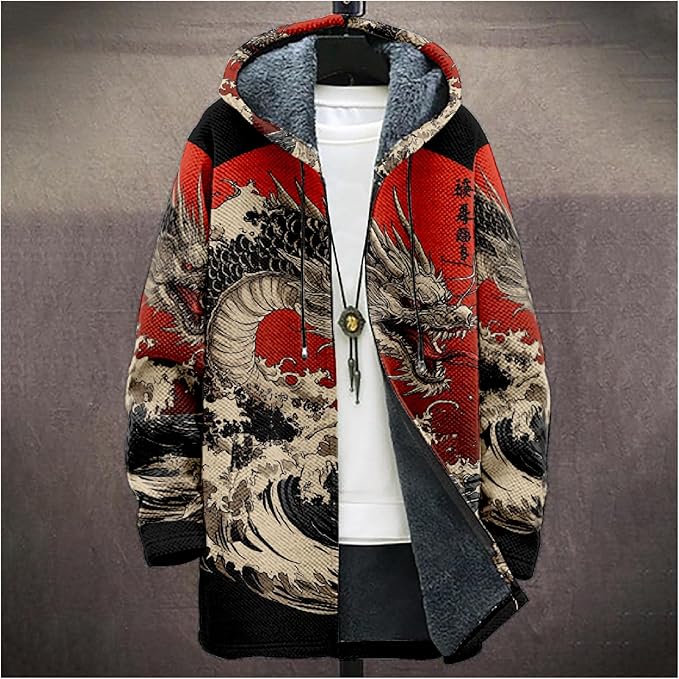 Mens Hooded Cardigan Japanese Art Zip Up Long Sleeve Sweater Hoodie Dragon Print Coat with Pockets
