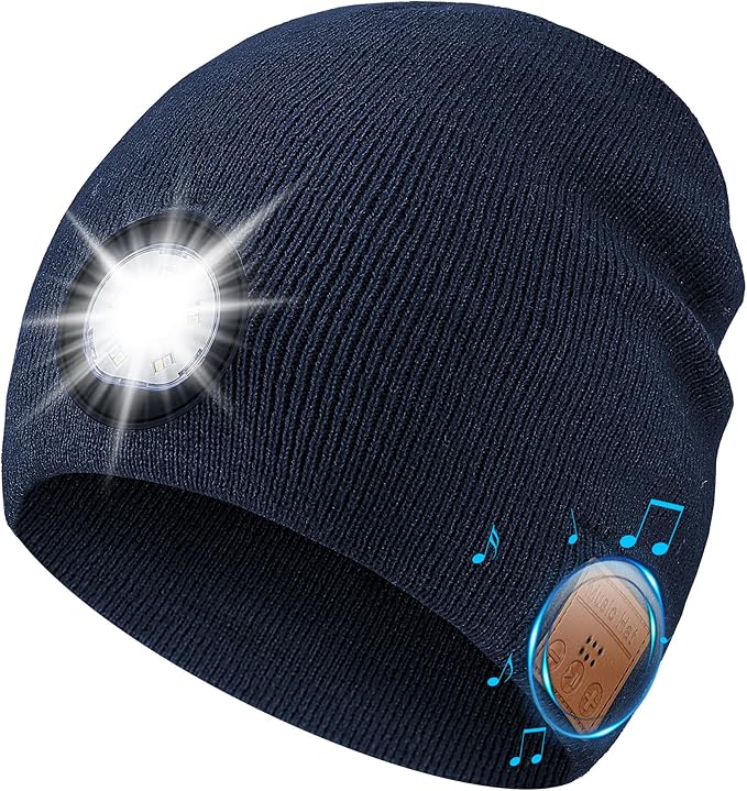 Bluetooth Beanie with Light, HD Stereo Sound, USB Rechargeable Headlamp for Hiking Fishing, Gift for Men Women Teen
