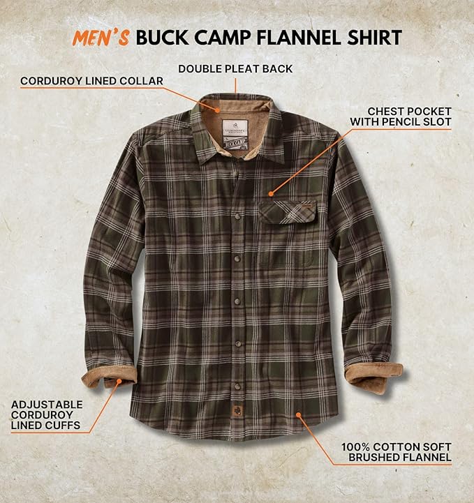 Legendary Whitetails Men's Flannel Shirt Long Sleeve Button Down 100% Cotton