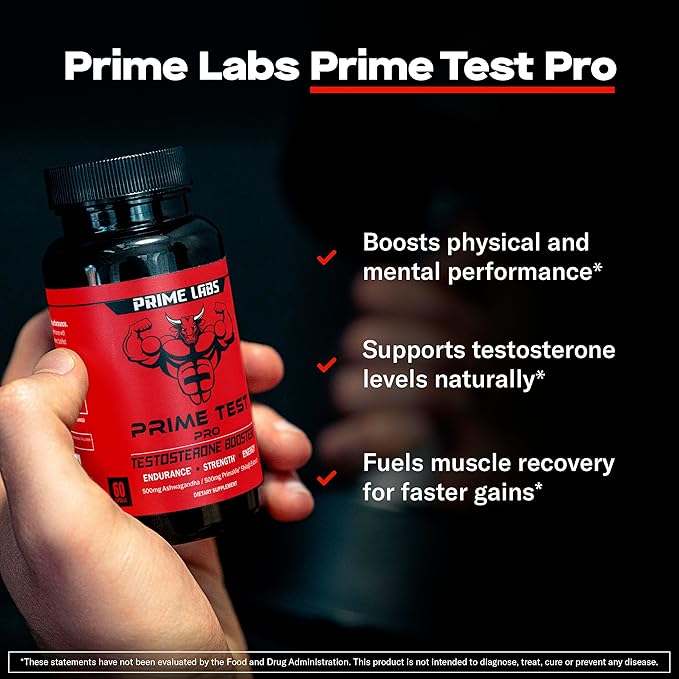 Prime Labs Prime Test Pro - Testosterone Supplement for Men - Test, Vitality, & Energy Booster - with Ashwagandha, PrimaVie Shilajit Extract, & DIM - 60 Capsules