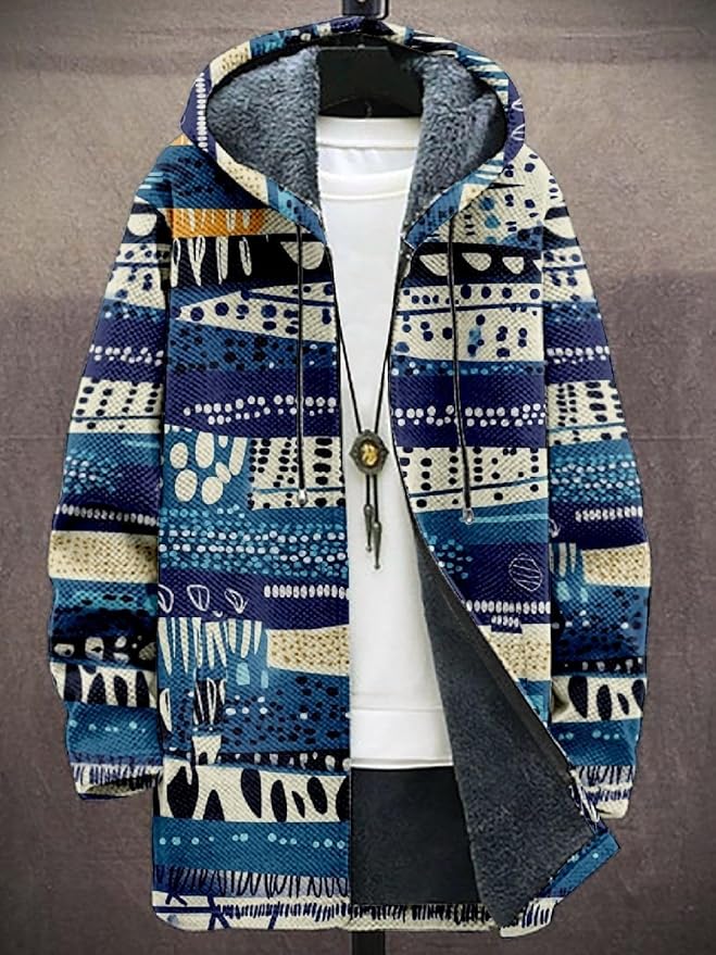2025 Men's Ethnic Pattern Hooded Jacket Long Cardigan Hoodies Full Zip Vintage Knitted Zipper Coat with Pocket