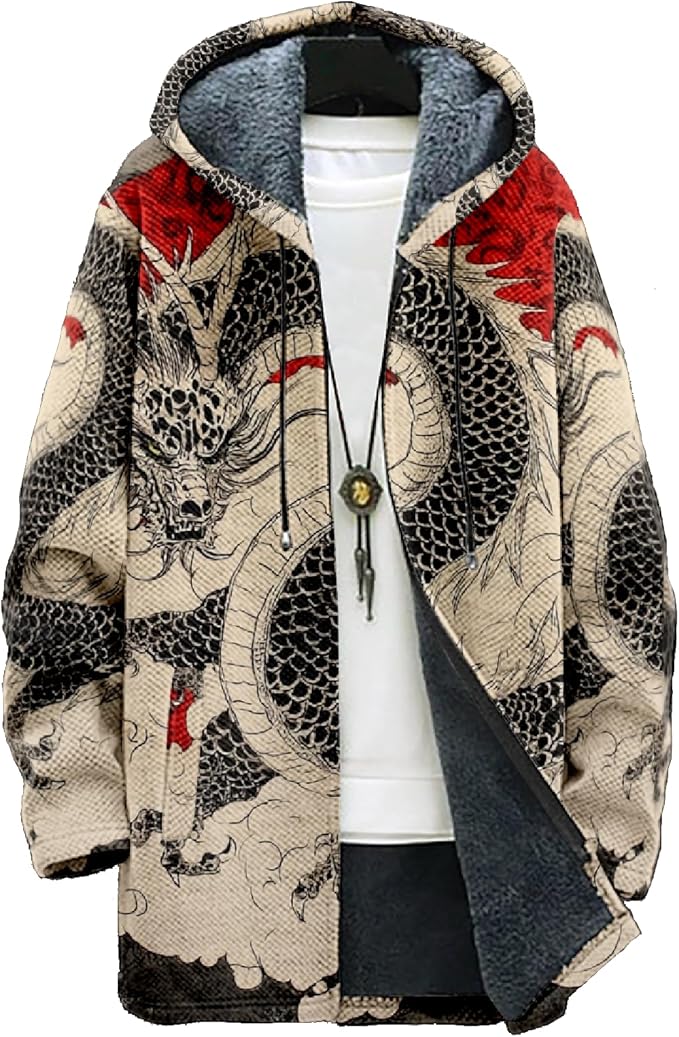 Mens Hooded Cardigan Japanese Art Zip Up Long Sleeve Sweater Hoodie Dragon Print Coat with Pockets