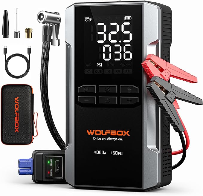 WOLFBOX 4000A Jump Starter with 160PSI Air Compressor, 12V Car Battery Booster, 65W Fast Charge, 88.8Wh Portable Tire Inflator, LED Display for 10L Gas & 10L Diesel Engines, LED Light, Jumper Cables