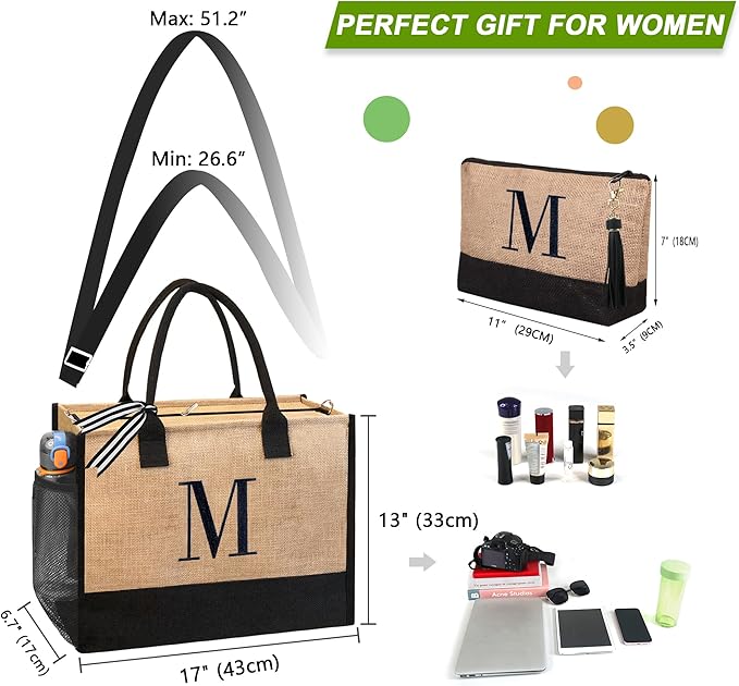BeeGreen Bridal Gifts for Bride Shower Engagement Gifts for Bride Personalized Tote Bag for Wedding, Initial Jute Tote Bag for Bridemaids Bachelorette Women Friends Mother Monogrammed B