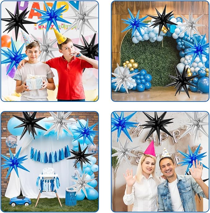 6PCS Star Balloons, 22Inch Large Black Blue Silver Star Balloon Explosion Foil Balloons Cone Spike Balloon for Birthday Graduation Wedding Anniversary Party Backdrops Decorations