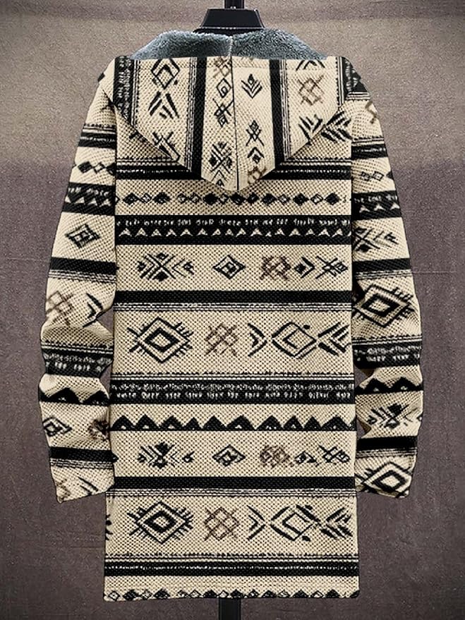 2025 Men's Ethnic Pattern Hooded Jacket Long Cardigan Hoodies Full Zip Vintage Knitted Zipper Coat with Pocket
