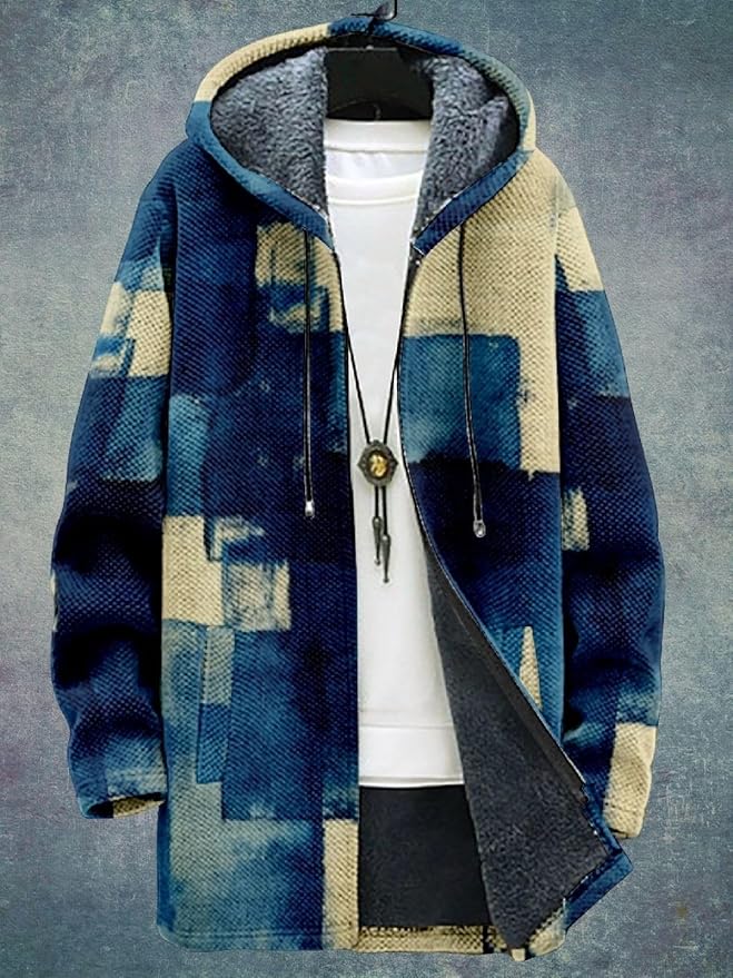 2025 Men's Ethnic Pattern Hooded Jacket Long Cardigan Hoodies Full Zip Vintage Knitted Zipper Coat with Pocket