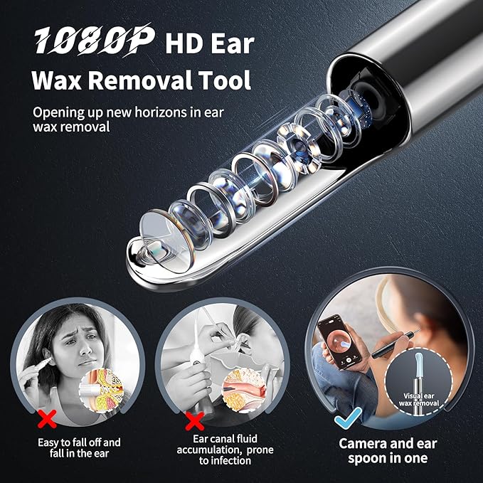 Ear Wax Removal, Ear Cleaner with Camera and Light, FSA - HSA Eligible, Ear Wax Removal Tool Camera with 1080P, Ear Cleaning Kit with 6 Spoons, Ear Camera for iOS & Android (Black)