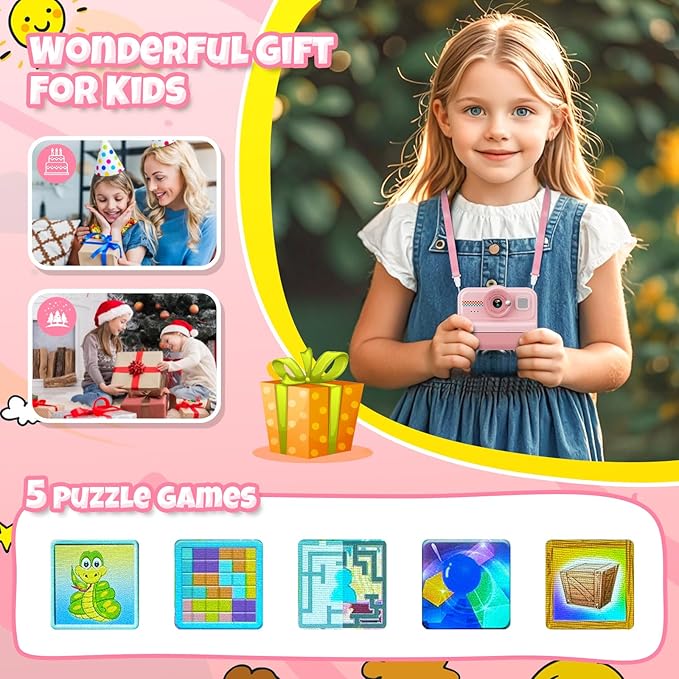 Kids Camera Instant Print, 1080P HD Instant Print Camera for Kids with 3 Rolls Print Paper & 32GB Card, Selfie Digital Camera for Kid, Ideal Kid Toys Gifts for Boys & Girls Age 3-14 (Pink)