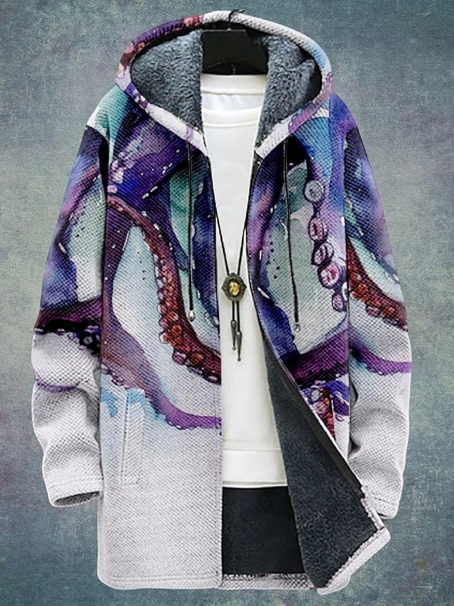 2025 Men's Ethnic Pattern Hooded Jacket Long Cardigan Hoodies Full Zip Vintage Knitted Zipper Coat with Pocket
