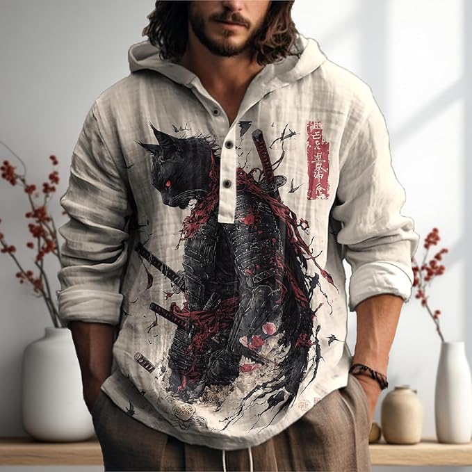 MARSVOVO Mens Japanese Art Long Sleeve Hooded Shirts Lightweight Quarter Button Hoodie Casual Cool Tops for Spring Fall