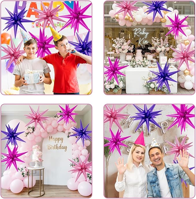 6PCS Star Balloons, 22Inch Large Purple Pink Star Balloon Explosion Foil Balloons Cone Spike Balloon for Birthday Graduation Wedding Anniversary Party Backdrops Decorations