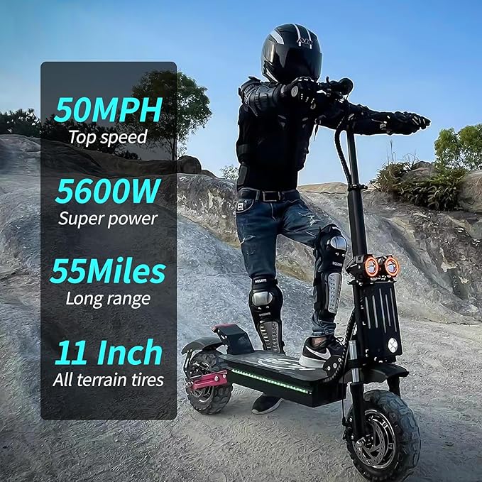 H1 GEN2 Electric Scooter for Adults 5600W Dual Motor Up to 50MPH,Battery Range to 55Miles Fast Sports Escooter 11" Off Road Tires 800lbs Max Load Folding Scooter for Teens with Detachable Seat