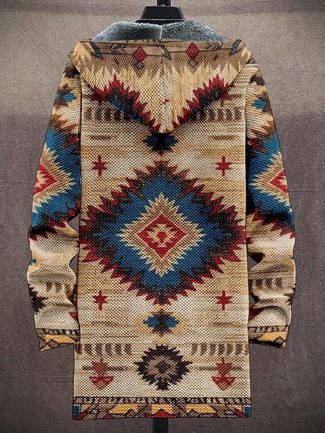 2025 Men's Ethnic Pattern Hooded Jacket Long Cardigan Hoodies Full Zip Vintage Knitted Zipper Coat with Pocket