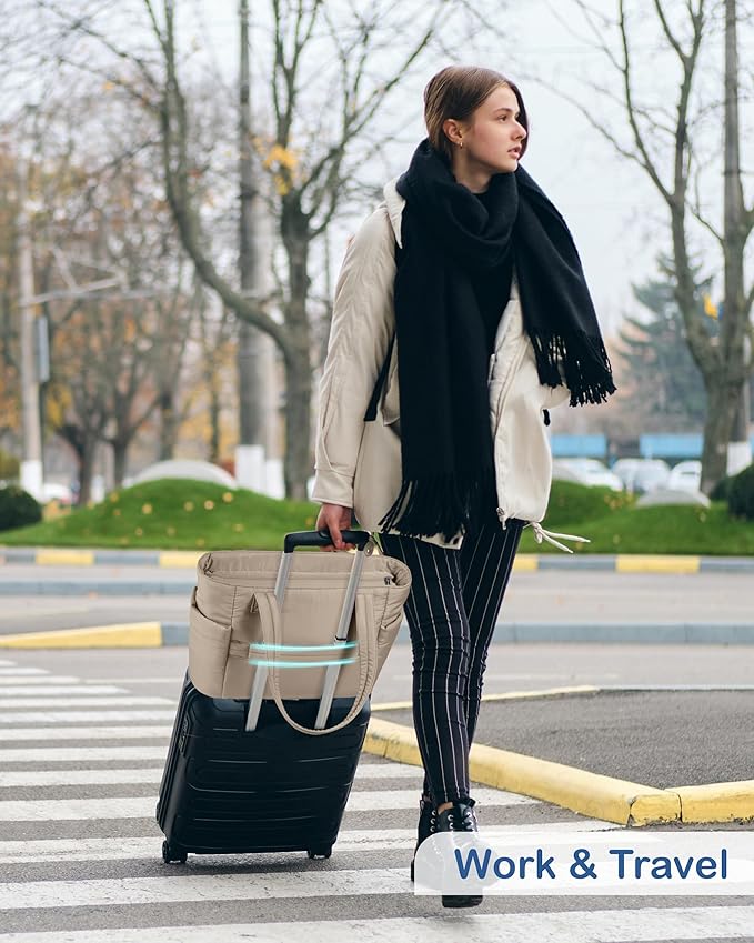 TOPDesign Puffy Tote Bag for Women with Cup Holder & Laptop Compartment & Cosmetic Bag & Trolley Sleeve for Work, Travel