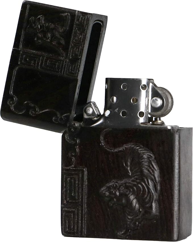 Natural Ebony Black Wood Carved Lighter Shell Box For Zippo Module (Zodiac Tiger)
