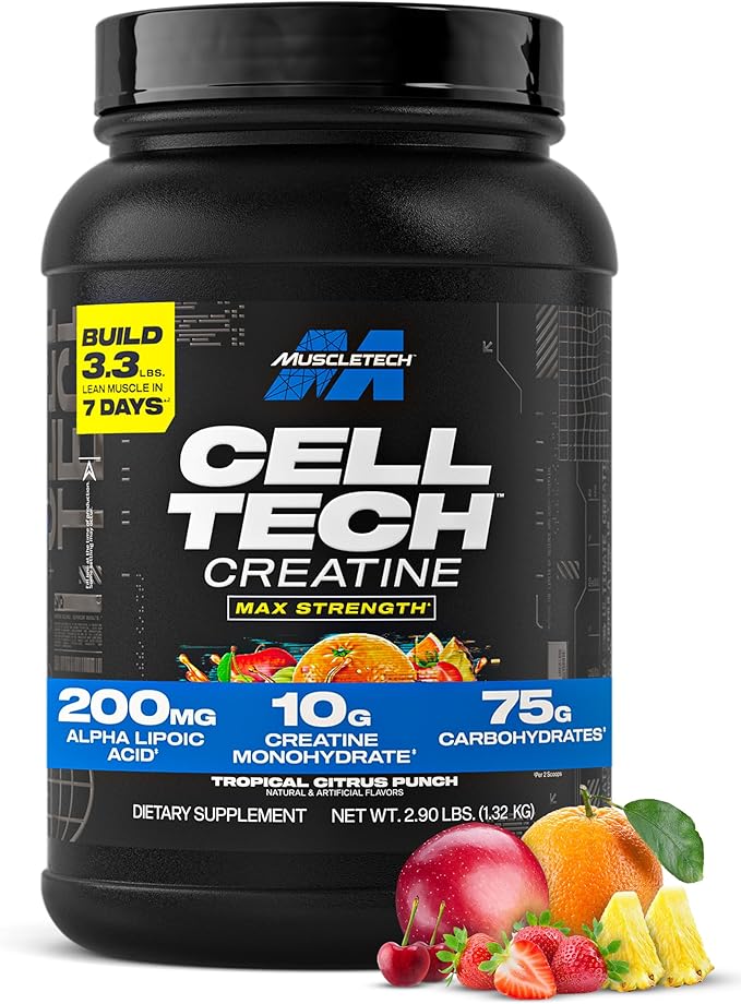 MuscleTech Creatine Monohydrate Powder - Cell-Tech Creatine Powder Post Workout Recovery Drink, Muscle Builder & Musclebuilding Supplement - Tropical Citrus Punch, 3 lbs (27 Serv) - Packaging May Vary
