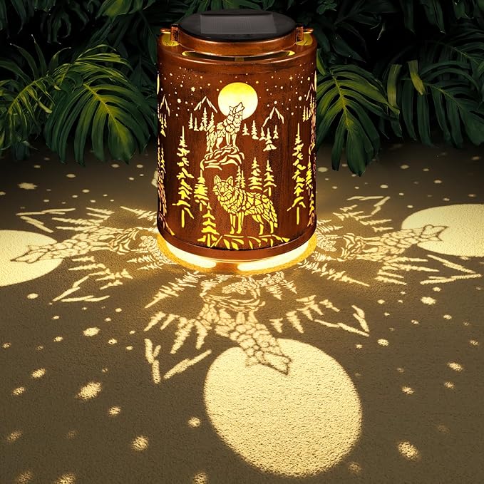 Solar Lanterns Garden Decor Birthday Gifts for Women Mon Grandma Metal Hanging Solar Lights Waterproof Outdoor Decoration for Outside LED Lanterns for Yard Patio Lawn Pathway(Wolf)