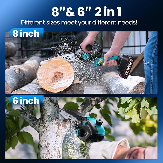 Mini Chainsaw Cordless, 8 inch & 6 inch Electric Chain Saw with 2 Pack Rechargeable Batteries, Battery Powered Handheld Saw for Trees Trimming Wood Cutting, Perfect Gardening Tools for Men Dad Husband